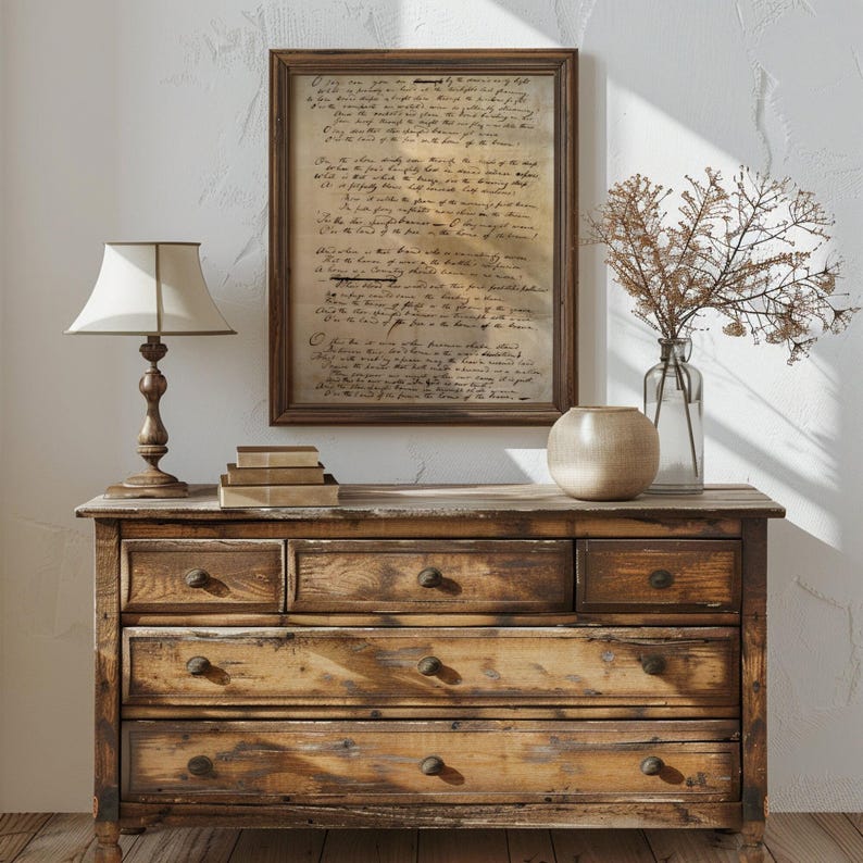 Vintage artwork of the Star-Spangled Banner in Francis Scott Key’s original 1814 handwriting, perfect for 4th of July and patriotic home decor.