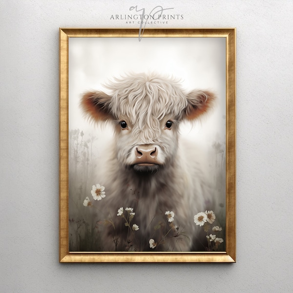 Highland Cow Picture, Spring Highland Cow Print, Rustic Farmhouse Art, Animal Art, Vintage Spring Painting