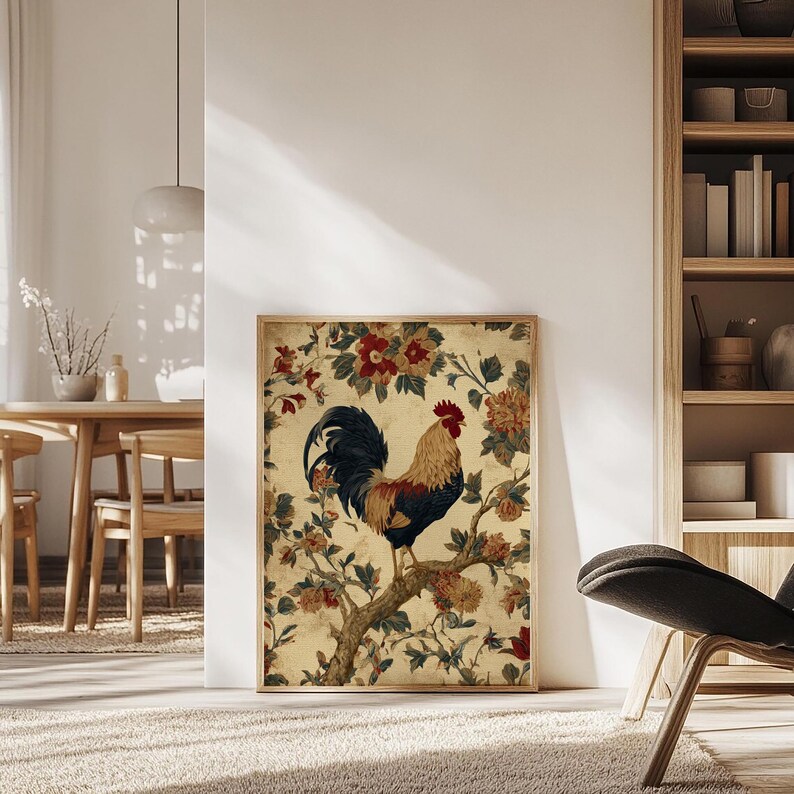 Vintage-style digital art of a colorful rooster perched on a branch surrounded by rustic floral illustrations, ideal for farmhouse kitchen decor.