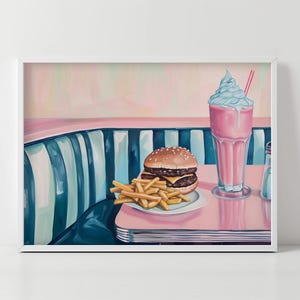 Retro Pink Kitchen Wall Art, Cheeseburger Milkshake And Fries Print, Vintage Diner Art, Pink And Blue Trendy Print, Y2K Poster #126
