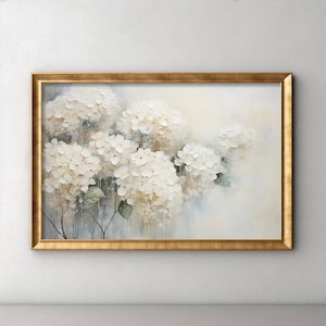 White Hydrangeas Floral, Farmhouse Style, Oil Painting Print, Digital Download, French Country White Art, Springtime Home Decor