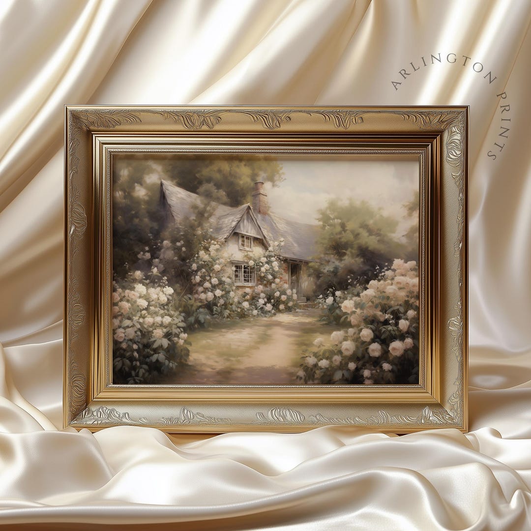 Vintage Cottage Painting, English Country, Rose Garden Wall Art, Oil ...