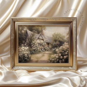 Vintage Cottage Painting, English Country, Rose Garden Wall Art, Oil Painting, Digital Download, Spring Home Decor