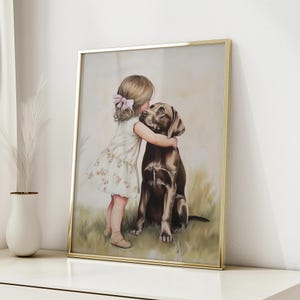 Digital printable artwork of a little girl with a pink bow hugging a chocolate labrador dog. Soft, painterly texture with pastel tones, delicate grass beneath them, and floral detail on the girl's dress. This heartwarming image evokes gentle childhood and pet-loving affection, styled for feminine, coquette, or vintage-inspired girls' nursery decor. Available in 5 aspect ratios as high-resolution JPEGs for instant download and printing.