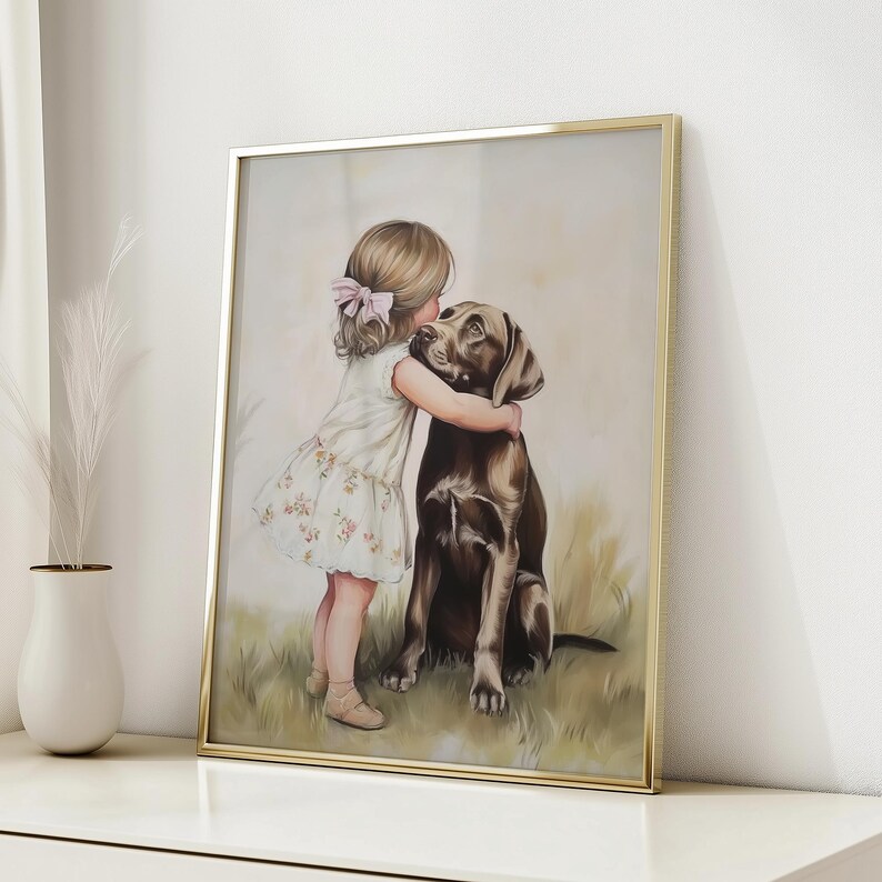 Digital printable artwork of a little girl with a pink bow hugging a chocolate labrador dog. Soft, painterly texture with pastel tones, delicate grass beneath them, and floral detail on the girl's dress. This heartwarming image evokes gentle childhood and pet-loving affection, styled for feminine, coquette, or vintage-inspired girls' nursery decor. Available in 5 aspect ratios as high-resolution JPEGs for instant download and printing.