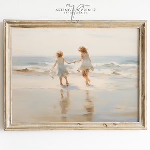 Children At Beach Nursery Art, Vintage Beach Oil Painting, PRINTABLE Summer Beach Decor, Children&#39;s Room Decor