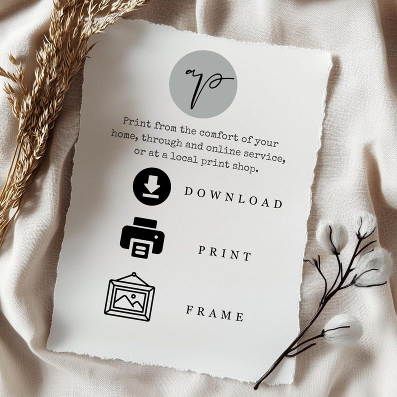 May include: A white paper with a torn edge features text and icons for downloading, printing, and framing art. The text reads "Print from the comfort of your home, through and online service, or at a local print shop."