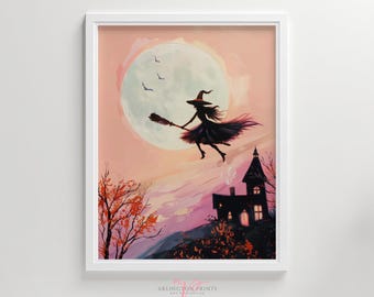 Pink Halloween Wall Art, Printable Flying Witch Moon Painting, Pastel Autumn Girl Dorm Room, Cute Spooky Season Digital Download S16