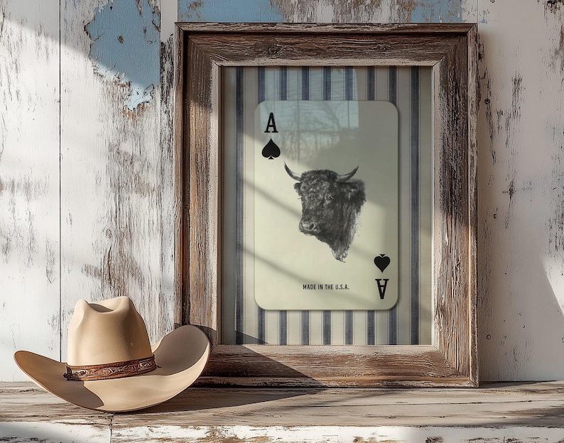 Downloadable western wall art featuring a black bull head inside an Ace of Spades playing card with “Made in the U.S.A.” text, styled with vintage country charm.