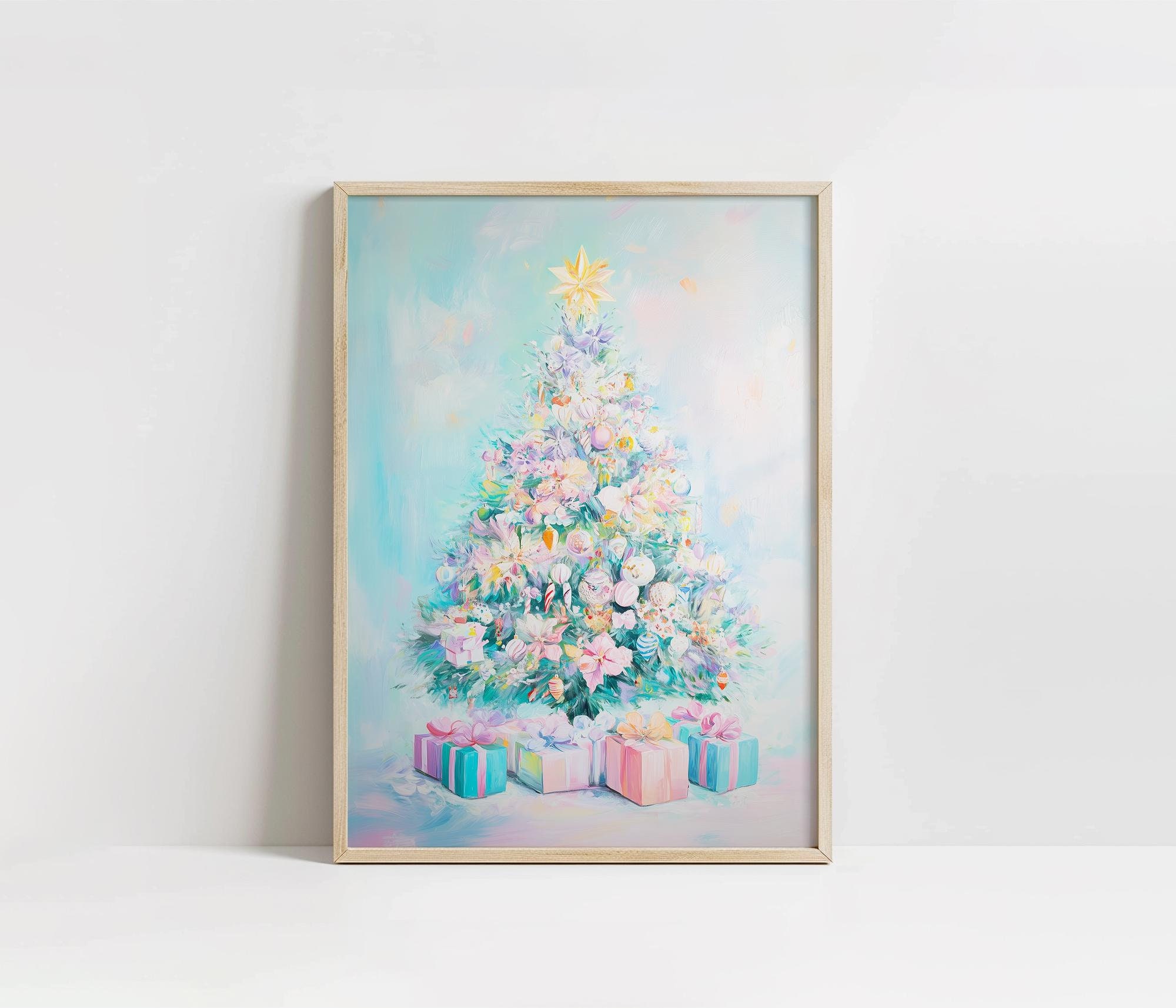 甘いパステルカラーのクリスマスツリーの壁アート、印刷可能な冬の