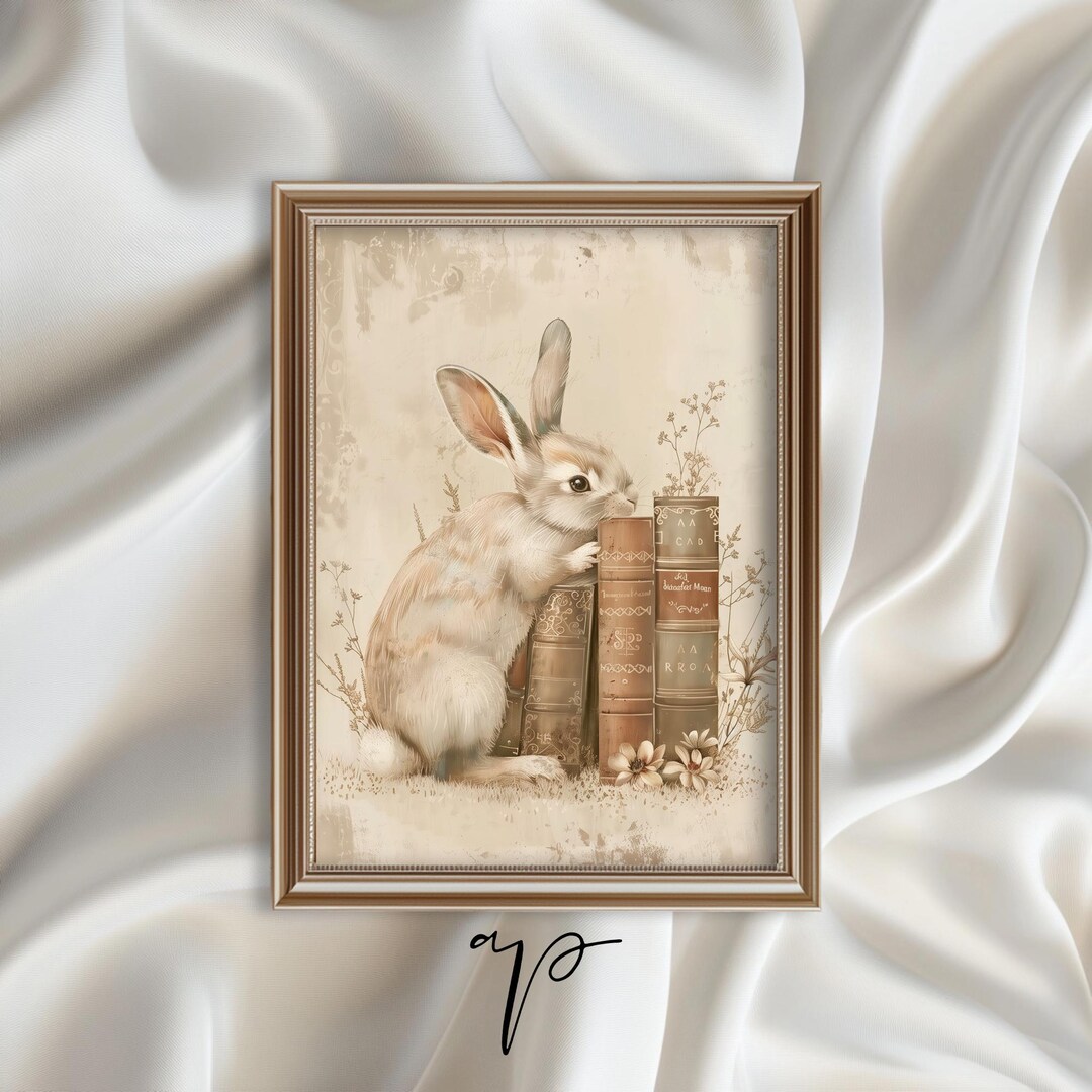 Neutral Rabbit Stuff For Rabbits Neutral Rabbit Art Print, Boho Bunny Flower Books Painting, PRINTABLE ...
