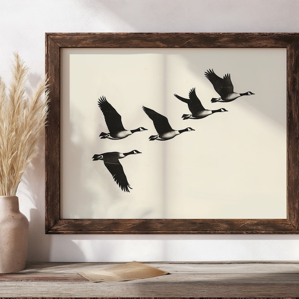 Vintage Bird Drawing, Flying Bird Art, Canada Geese, Instant Download, Boho Wall Art, Antique Illustration, Bird Wall Art, Minimalist Decor