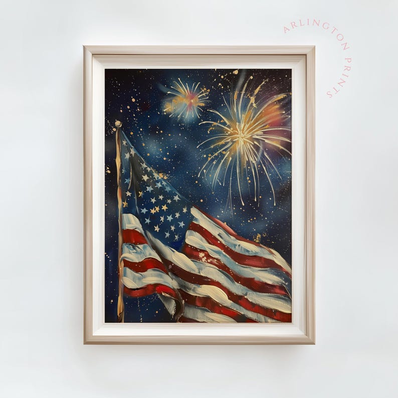 May include: A painting of an American flag waving in the wind against a dark blue background with gold and white fireworks exploding in the sky.