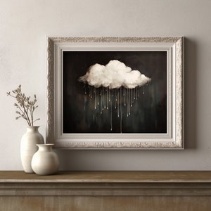 May include: A framed painting of a white cloud with raindrops falling from it against a dark background.