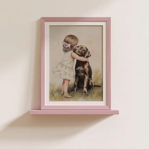 Vintage Nursery Wall Art of Little Girl Hugging Dog, Tender Child and Puppy Painting, Sweet Friendship Artwork, Neutral Baby Room Decor, Farmhouse Kids Print