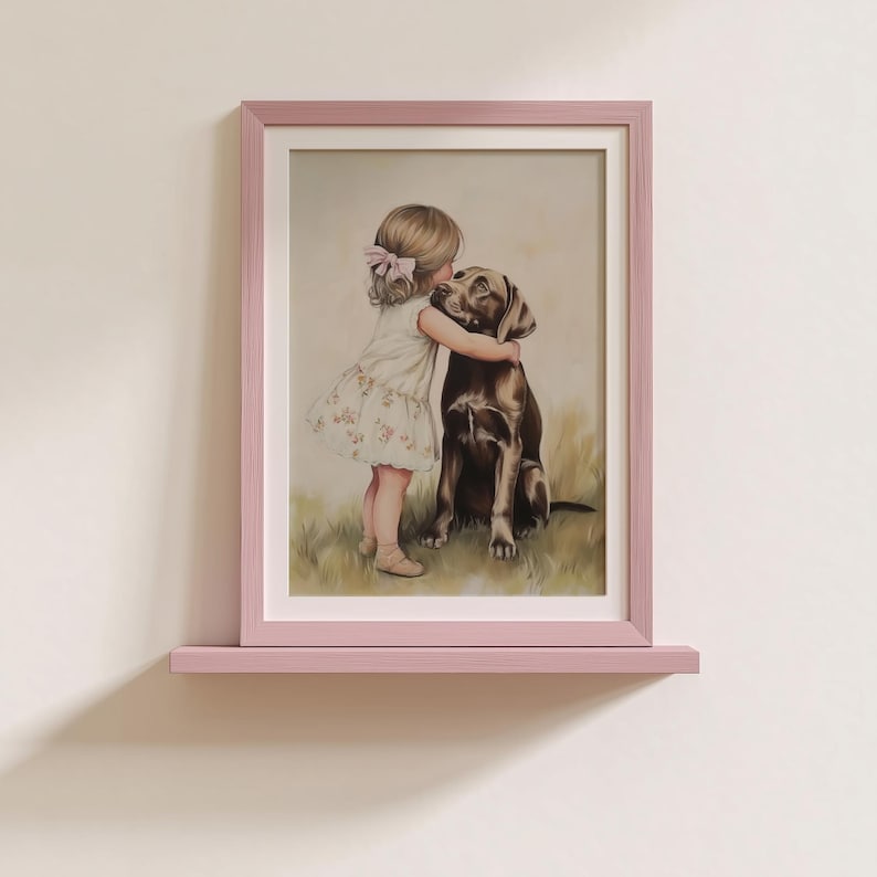Vintage Nursery Wall Art of Little Girl Hugging Dog, Tender Child and Puppy Painting, Sweet Friendship Artwork, Neutral Baby Room Decor, Farmhouse Kids Print