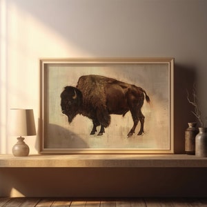 Vintage bison wall art featuring a rich brown buffalo on a cream-toned backdrop. Ideal for farmhouse, ranch, or country home decoration.