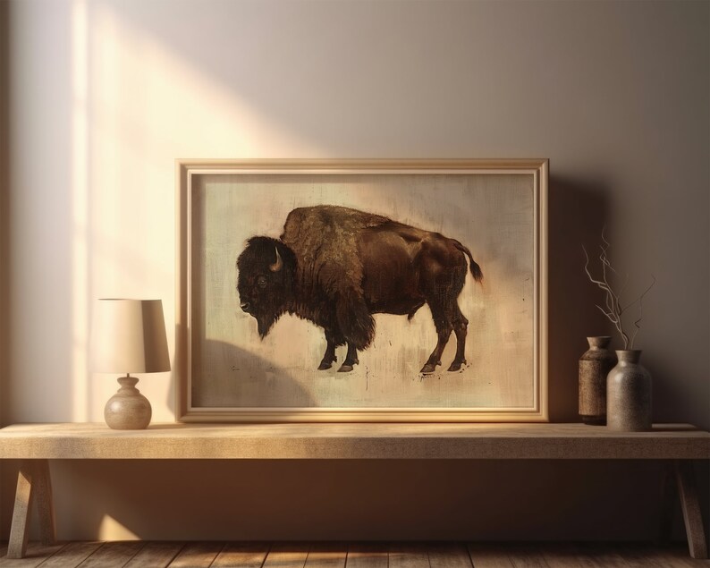 Vintage bison wall art featuring a rich brown buffalo on a cream-toned backdrop. Ideal for farmhouse, ranch, or country home decoration.