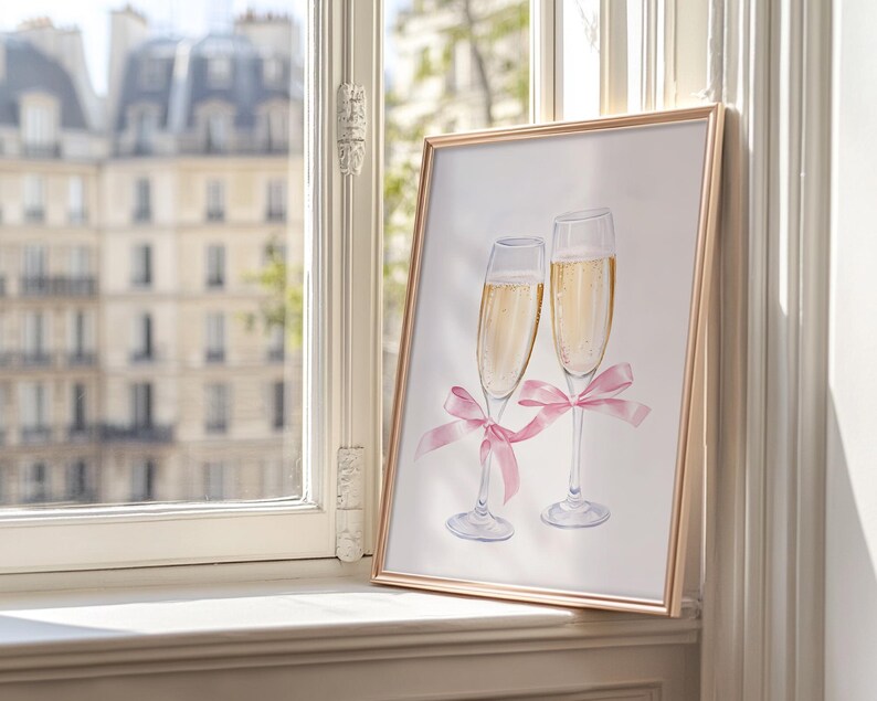 Two elegant champagne glasses filled with bubbly golden champagne, each tied with a soft pink satin ribbon, minimal neutral background, romantic celebration artwork