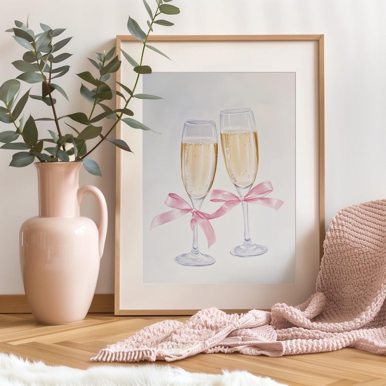 Pastel Champagne Wall Art, Cheers Glasses Print, Coquette Aesthetic, Bar Cart Decor, Trendy Printable Art, Pink Ribbon Bow, Digital Print, Food and Drink, Wine Glass Art, Wedding Decor, Soft Girly Colors, Minimalist, Champagne Glasses, Downloadable