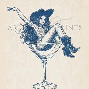Retro Coastal Cowgirl Art, PRINTABLE Cocktail Wall Art, Girly Bar Cart Print, Coupe Glass Poster, Cute Apartment Poster, Dorm Room Print, 50s Vibe, Midcentury-Modern, Country Western Chic, Cowgirl Drawing, Digital Download Art, Navy Blue and Beige