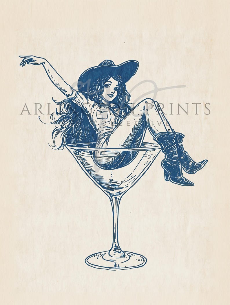 Retro Coastal Cowgirl Art, PRINTABLE Cocktail Wall Art, Girly Bar Cart Print, Coupe Glass Poster, Cute Apartment Poster, Dorm Room Print, 50s Vibe, Midcentury-Modern, Country Western Chic, Cowgirl Drawing, Digital Download Art, Navy Blue and Beige