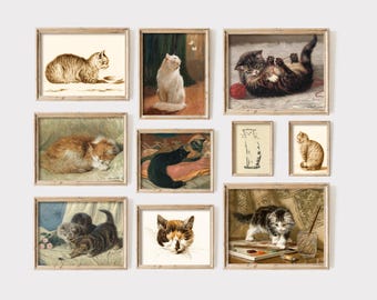 Vintage Printable, Cat Art Set | Antique Felines | Muted Palettes | Instant Download