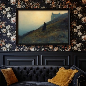 Gothic Art Print, Bronte Sisters, Jane Eyre Inspired, Dark Academia, Antique Wall Art, Vintage Gothic Art, Black Dress, Moody Wall Art, Dark Landscape, Wildflower Field, Dark Cottagecore, England, English Country, Instant Download, Digital Download