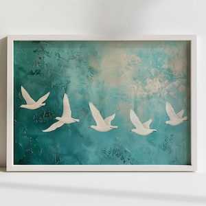 Vintage Coastal Bird Painting, Beach Cottage Aesthetic, Seagulls, Instant Download, Blue Wall Art, Bird Wall Art, Minimalist Coastal Decor