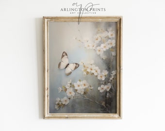 Butterfly Printable Wall Art, Vintage Wildflower Spring Painting, Farmhouse Style, Digital Download, Nursery Art Print, Art 576