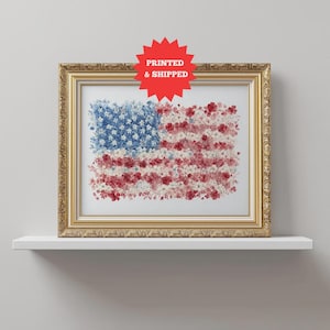 Wildflower American Flag Art, Mailed 4th of July Print, Floral Patriotic Red White Blue Flower Flag Print, Independence Day Art, UNFRAMED