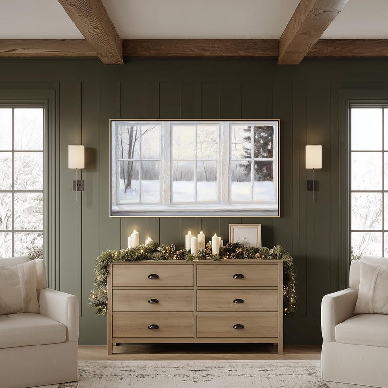 Samsung Frame TV art depicting a realistic painted window view of a serene winter landscape. Soft light filters through frosted glass panes, revealing snow-covered trees and a peaceful gray-and-white forest scene outside. The brushstrokes create a cozy, minimalist atmosphere perfect for modern farmhouse or winter home décor.