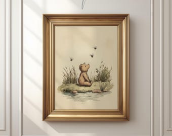 Little Bear & Bees Nursery Art – Vintage Woodland Printable, Neutral Baby Wall Decor R901