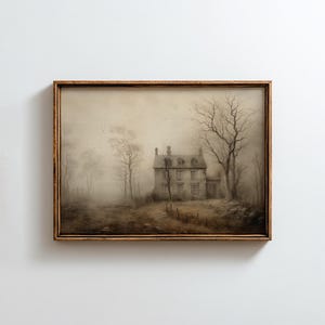 Vintage Wall Art, Old Haunted House, Antique Oil Painting, French Country Print, Dark Cottagecore, Rustic Art, Halloween Decor, Moody Decor