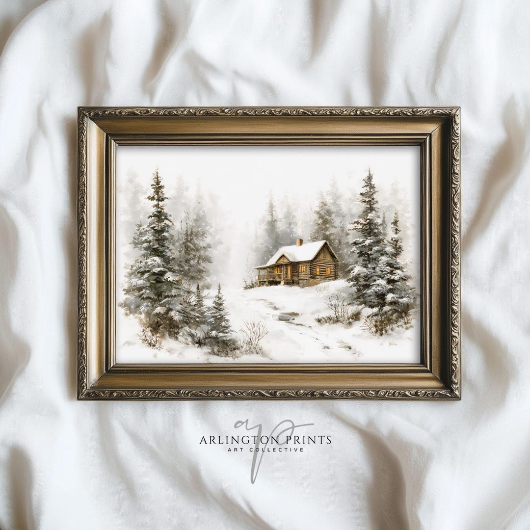 Cozy Winter Cabin in Snow, Vintage Christmas Landscape Painting ...