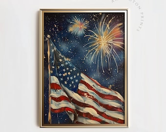 Arte de pared vintage del 4 de julio / Arte imprimible con bandera estadounidense y fuegos artificiales / Impresión del 4 de julio / Día de la Independencia de EE. UU.