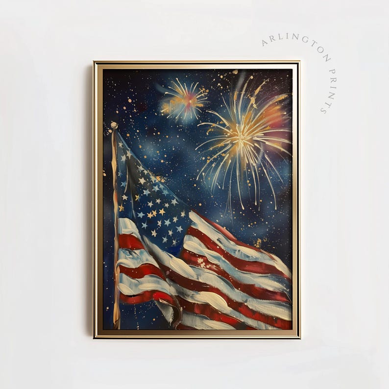 May include: A painting of an American flag waving in the wind against a dark blue background with gold fireworks exploding in the sky.