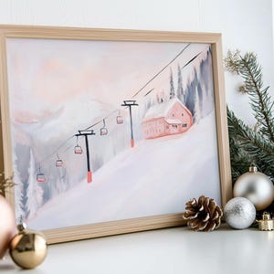 Pink Christmas Ski Lodge Wall Art, PRINTABLE Snowy Winter Painting, Pink Mountain Landscape Print, Winter Home Decor, Vintage Ski Lift Print, Abstract Acrylic Painting, Matisse Style, Soft Pastel Colors, Digital Download Art, Snowy Pink Landscape