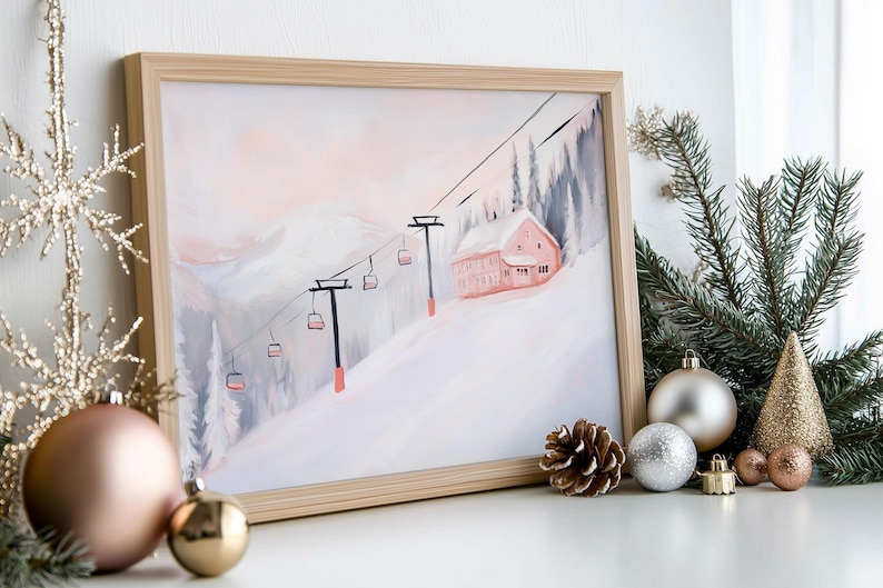 Pink Christmas Ski Lodge Wall Art, PRINTABLE Snowy Winter Painting, Pink Mountain Landscape Print, Winter Home Decor, Vintage Ski Lift Print, Abstract Acrylic Painting, Matisse Style, Soft Pastel Colors, Digital Download Art, Snowy Pink Landscape