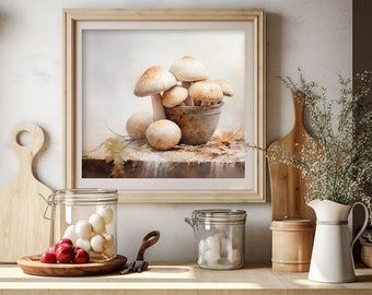 Art vintage aux champignons, champignons, style campagnard, impression de peinture à l'huile, téléchargement numérique, art mural de cuisine, décoration d'intérieur rustique