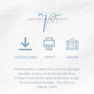 May include: A light blue graphic with the text "ARLINGTON PRINTS ART COLLECTIVE" and icons for download, print, and frame. Below, text encourages printing at home or through services, with framing options.