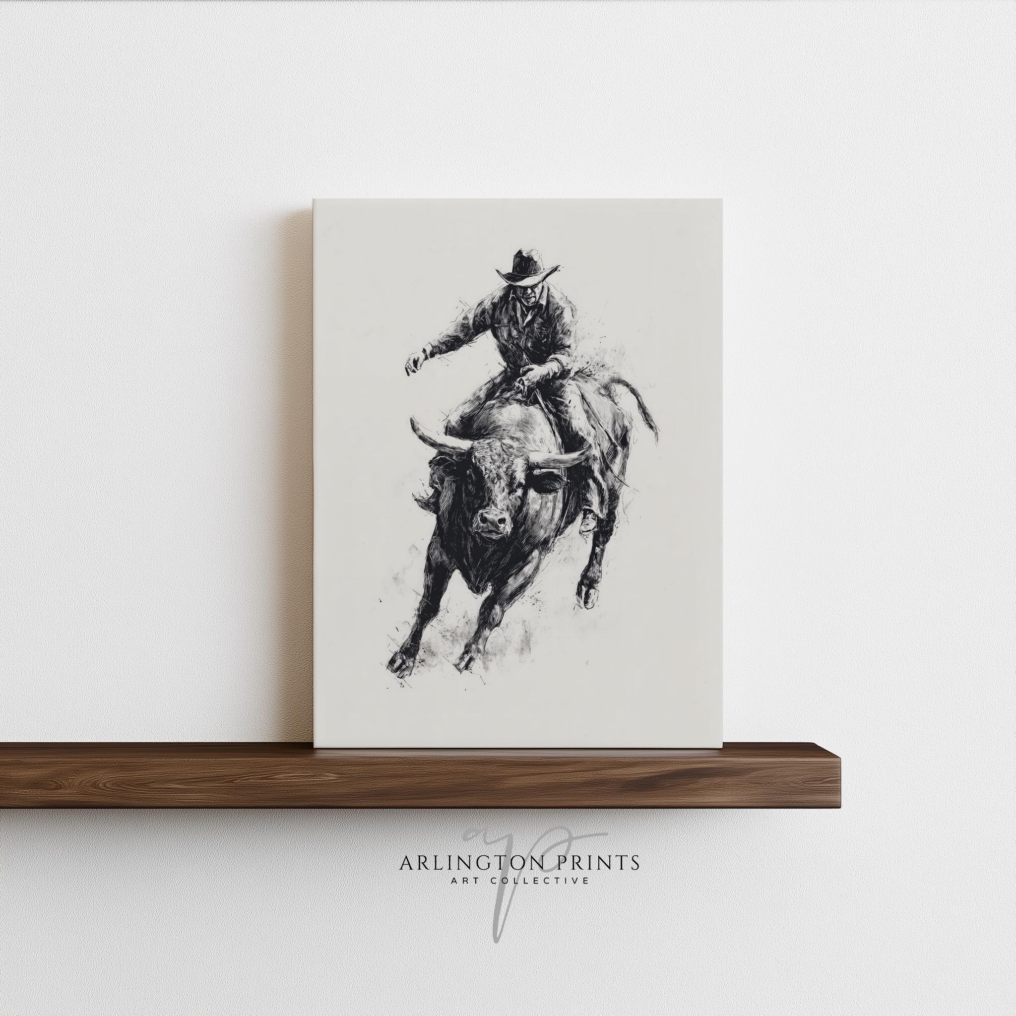 Young Rodo Schech Western Bullrider Printable Art, Cowboy Rodeo Drawing, Rustic Country ...