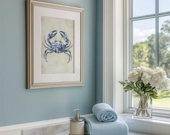 Blue Coastal Floral Crab Print, PRINTABLE Beachy Nursery Decor