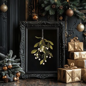 Printable mistletoe wall art with green leaves and white berries on a dark background, vintage rustic Christmas holiday print