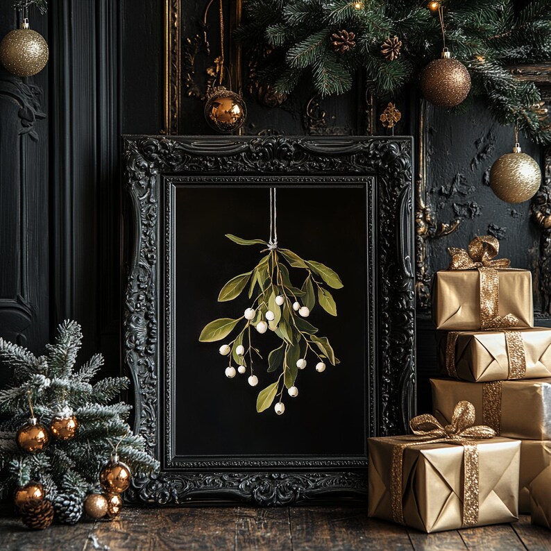 Printable mistletoe wall art with green leaves and white berries on a dark background, vintage rustic Christmas holiday print