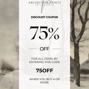 Op de afbeelding: Een witte coupon met zwarte tekst die 75% korting biedt op alle artikelen bij aankoop van 4 of meer artikelen. De code die u moet gebruiken is 750FF. De coupon is geplaatst tegen een besneeuwde winterlandschap.