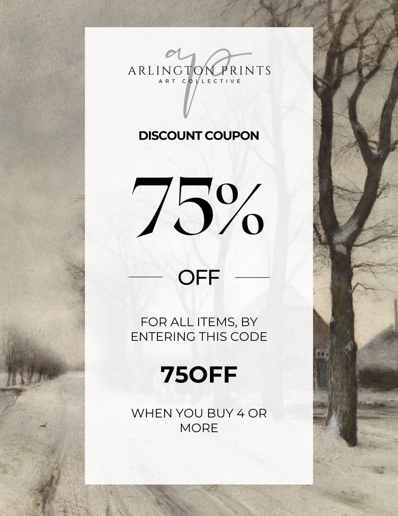 Op de afbeelding: Een witte coupon met zwarte tekst die 75% korting biedt op alle artikelen bij aankoop van 4 of meer artikelen. De code die u moet gebruiken is 750FF. De coupon is geplaatst tegen een besneeuwde winterlandschap.