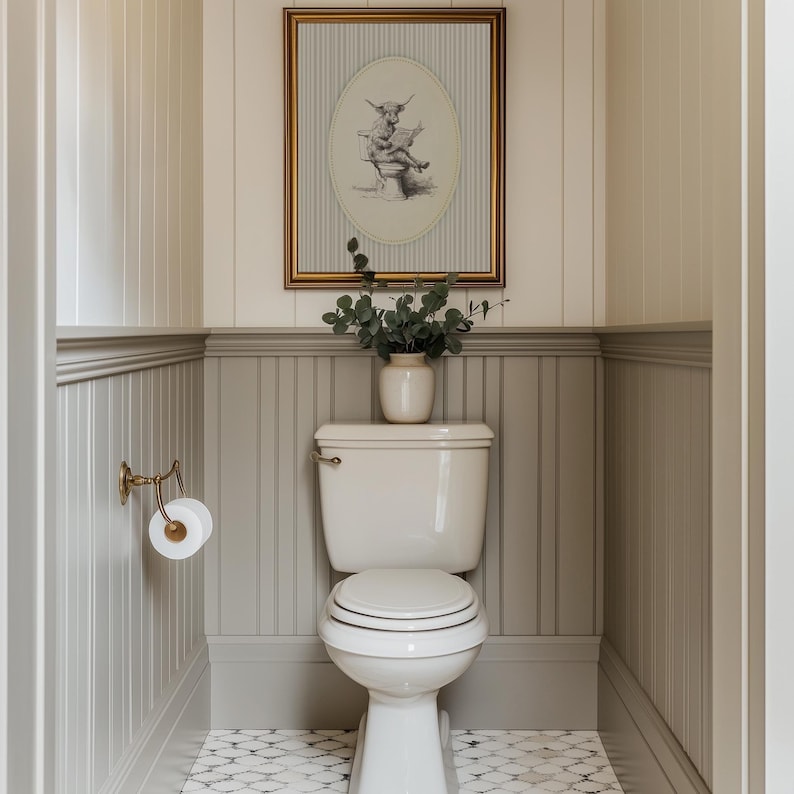 funny highland cow bathroom print unframed cow sitting on toilet reading newspaper rustic farmhouse humorous wall art animal sketch
