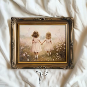 Cute Girls In Wildflower Field Painting, Farmhouse Nursery Art Print, Country Spring Wall Art, Cottagecore Decor, Children&#39;s Room | TA36