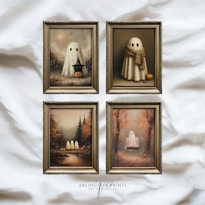 Set of 4 cute Halloween ghost art prints, vintage spooky fall wall decor, rustic autumn printable artwork, cottagecore Halloween home decoration